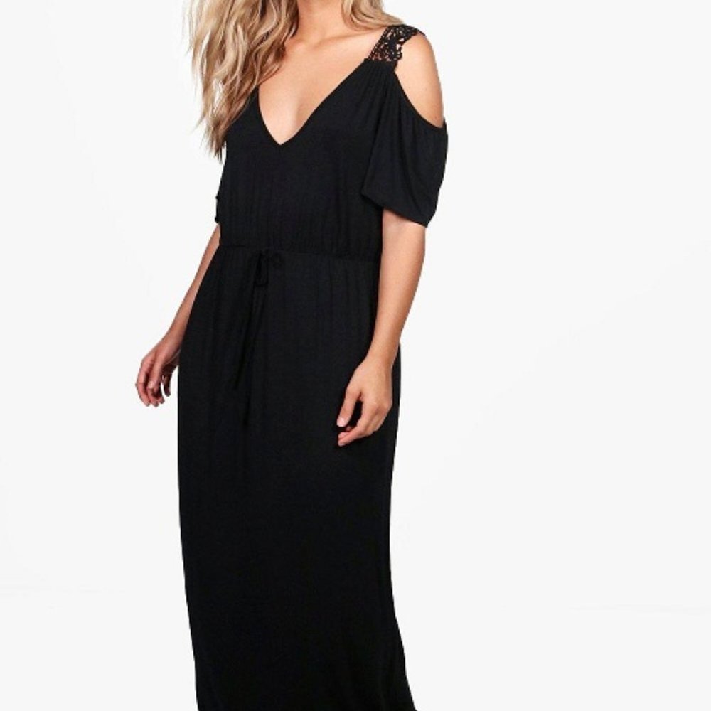 NWOT Black Lace Crochet Open Shoulder Maxi Dress